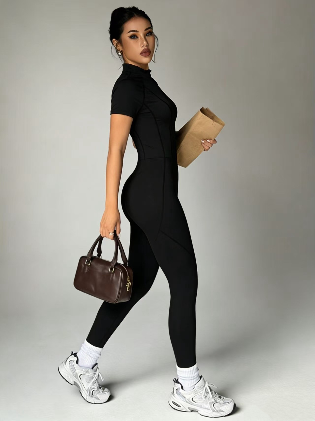 Womens Short Sleeve Zip-Up Fitted Full Length Jumpsuit Bodycon Workout Romper